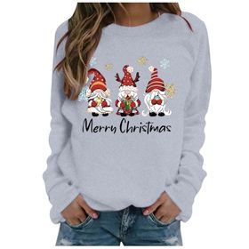 Generisch Noel Baskılı Yuvarlak Yaka Uzun Kollu Şık Açık Gri-D Kadın Sweatshirt