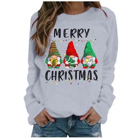 Generisch Noel Baskılı Yuvarlak Yaka Uzun Kollu Şık Açık Gri-E Kadın Sweatshirt