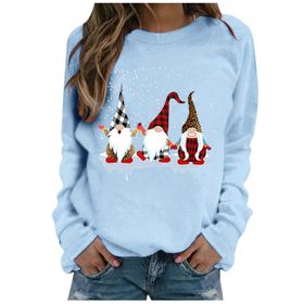 Generisch Noel Baskılı Yuvarlak Yaka Uzun Kollu Şık Açık Mavi-A Kadın Sweatshirt