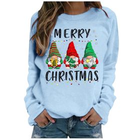 Generisch Noel Baskılı Yuvarlak Yaka Uzun Kollu Şık Açık Mavi-E Kadın Sweatshirt