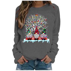Generisch Noel Baskılı Yuvarlak Yaka Uzun Kollu Şık Gri-B Kadın Sweatshirt