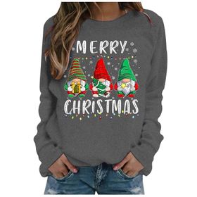 Generisch Noel Baskılı Yuvarlak Yaka Uzun Kollu Şık Gri-E Kadın Sweatshirt