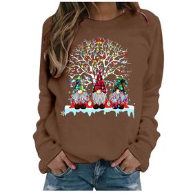 Generisch Noel Baskılı Yuvarlak Yaka Uzun Kollu Şık Kahve-B Kadın Sweatshirt