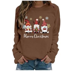 Generisch Noel Baskılı Yuvarlak Yaka Uzun Kollu Şık Kahve Kadın Sweatshirt