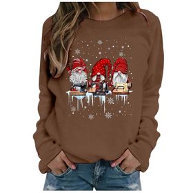 Generisch Noel Baskılı Yuvarlak Yaka Uzun Kollu Şık Kahve Kadın Sweatshirt