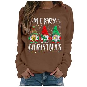 Generisch Noel Baskılı Yuvarlak Yaka Uzun Kollu Şık Kahve Kadın Sweatshirt