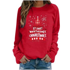 Generisch Noel Baskılı Yuvarlak Yaka Uzun Kollu Şık Kırmızı-B Kadın Sweatshirt