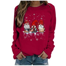 Generisch Noel Baskılı Yuvarlak Yaka Uzun Kollu Şık Kırmızı Kadın Sweatshirt