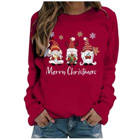 Generisch Noel Baskılı Yuvarlak Yaka Uzun Kollu Şık Kırmızı Kadın Sweatshirt