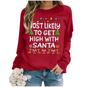 Generisch Noel Baskılı Yuvarlak Yaka Uzun Kollu Şık Kırmızı Kadın Sweatshirt
