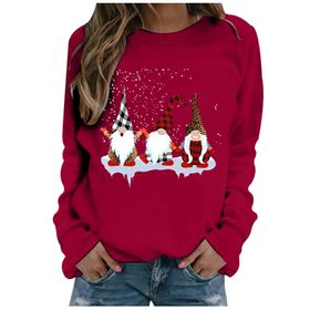 Generisch Noel Baskılı Yuvarlak Yaka Uzun Kollu Şık Kırmızı Kadın Sweatshirt