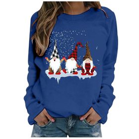 Generisch Noel Baskılı Yuvarlak Yaka Uzun Kollu Şık Mavi-A Kadın Sweatshirt