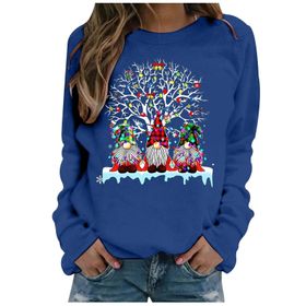 Generisch Noel Baskılı Yuvarlak Yaka Uzun Kollu Şık Mavi-B Kadın Sweatshirt