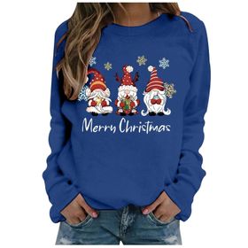 Generisch Noel Baskılı Yuvarlak Yaka Uzun Kollu Şık Mavi-D Kadın Sweatshirt