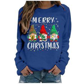 Generisch Noel Baskılı Yuvarlak Yaka Uzun Kollu Şık Mavi-E Kadın Sweatshirt