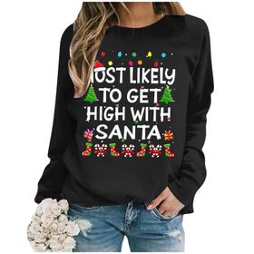 Generisch Noel Baskılı Yuvarlak Yaka Uzun Kollu Şık Siyah Kadın Sweatshirt
