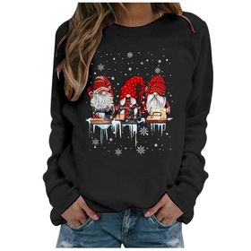 Generisch Noel Baskılı Yuvarlak Yaka Uzun Kollu Şık Siyah Kadın Sweatshirt