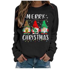Generisch Noel Baskılı Yuvarlak Yaka Uzun Kollu Şık Siyah Kadın Sweatshirt