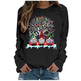 Generisch Noel Baskılı Yuvarlak Yaka Uzun Kollu Şık Siyah Schwarz-A Kadın Sweatshirt
