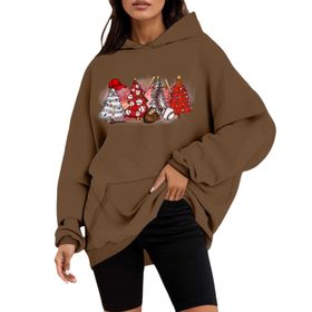 Generisch Noel Kapüşonlu Tarzı Boş Zaman Kazak Model Noel Baskılı Kış Uzun Kollu Gündelik Kahve Kadın Sweatshirt
