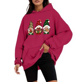 Generisch Noel Kapüşonlu Tarzı Boş Zaman Kazak Model Noel Baskılı Kış Uzun Kollu Gündelik Kırmızı Kadın Sweatshirt