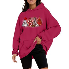 Generisch Noel Kapüşonlu Tarzı Boş Zaman Kazak Model Noel Baskılı Kış Uzun Kollu Gündelik Kırmızı Kadın Sweatshirt
