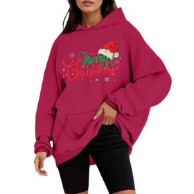 Generisch Noel Kapüşonlu Tarzı Boş Zaman Kazak Model Noel Baskılı Kış Uzun Kollu Gündelik Kırmızı Kadın Sweatshirt