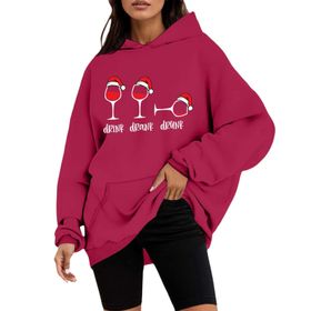 Generisch Noel Kapüşonlu Tarzı Boş Zaman Kazak Model Noel Baskılı Kış Uzun Kollu Gündelik Kırmızı Kadın Sweatshirt
