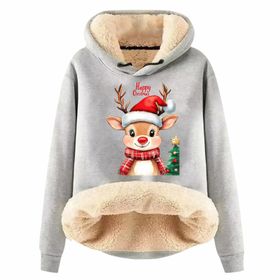 Generisch Zarif A Noel Kapüşonlu Tarzı Boş Zaman Polar Model Noel Baskılı Kış Uzun Kollu Gündelik Açık Gri Kadın Sweatshirt