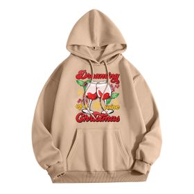 Generisch Zarif B Noel Kapüşonlu Tarzı Boş Zaman Kazak Model Noel Baskılı Kış Uzun Kollu Gündelik Haki Kadın Sweatshirt