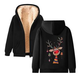 Generisch Zarif B Noel Kapüşonlu Tarzı Boş Zaman Polar Fermuarlıı Model Noel Baskılı Kış Uzun Kollu Gündelik Siyah Kadın Sweatshirt