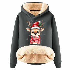 Generisch Zarif B Noel Kapüşonlu Tarzı Boş Zaman Polar Model Noel Baskılı Kış Uzun Kollu Gündelik Gri Kadın Sweatshirt