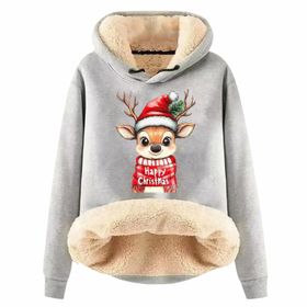 Generisch Zarif B Noel Kapüşonlu Tarzı Boş Zaman Polar Model Noel Baskılı Kış Uzun Kollu Gündelik Light Gri Kadın Sweatshirt