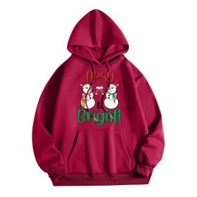 Generisch Zarif C Noel Kapüşonlu Tarzı Boş Zaman Kazak Model Noel Baskılı Kış Uzun Kollu Gündelik Kırmızı Kadın Sweatshirt
