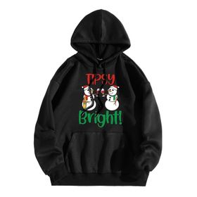 Generisch Zarif C Noel Kapüşonlu Tarzı Boş Zaman Kazak Model Noel Baskılı Kış Uzun Kollu Gündelik Siyah Kadın Sweatshirt