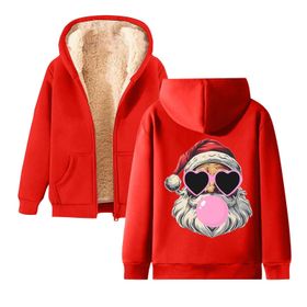 Generisch Zarif C Noel Kapüşonlu Tarzı Boş Zaman Polar Fermuarlıı Model Noel Baskılı Kış Uzun Kollu Gündelik Kırmızı Kadın Sweatshirt