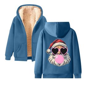 Generisch Zarif C Noel Kapüşonlu Tarzı Boş Zaman Polar Fermuarlıı Model Noel Baskılı Kış Uzun Kollu Gündelik Mavi Kadın Sweatshirt