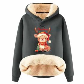Generisch Zarif C Noel Kapüşonlu Tarzı Boş Zaman Polar Model Noel Baskılı Kış Uzun Kollu Gündelik Gri Kadın Sweatshirt