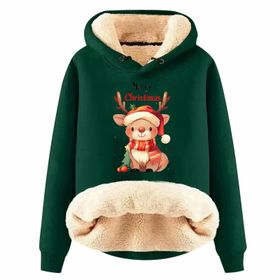 Generisch Zarif C Noel Kapüşonlu Tarzı Boş Zaman Polar Model Noel Baskılı Kış Uzun Kollu Gündelik Koyu Yeşil Kadın Sweatshirt