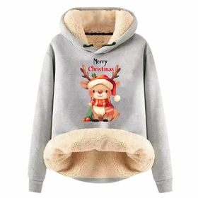 Generisch Zarif C Noel Kapüşonlu Tarzı Boş Zaman Polar Model Noel Baskılı Kış Uzun Kollu Gündelik Light Gri Kadın Sweatshirt