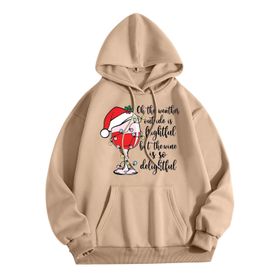 Generisch Zarif D Noel Kapüşonlu Tarzı Boş Zaman Kazak Model Noel Baskılı Kış Uzun Kollu Gündelik Haki Kadın Sweatshirt