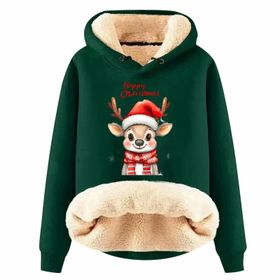 Generisch Zarif D Noel Kapüşonlu Tarzı Boş Zaman Polar Model Noel Baskılı Kış Uzun Kollu Gündelik Koyu Yeşil Kadın Sweatshirt