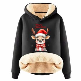 Generisch Zarif D Noel Kapüşonlu Tarzı Boş Zaman Polar Model Noel Baskılı Kış Uzun Kollu Gündelik Siyah Kadın Sweatshirt