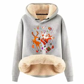 Generisch Zarif E Noel Kapüşonlu Tarzı Boş Zaman Polar Model Noel Baskılı Kış Uzun Kollu Gündelik Açık Gri Kadın Sweatshirt