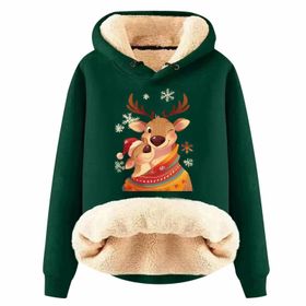 Generisch Zarif G Noel Kapüşonlu Tarzı Boş Zaman Polar Model Noel Baskılı Kış Uzun Kollu Gündelik Dark Yeşil Kadın Sweatshirt