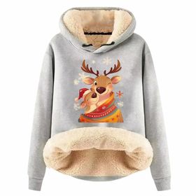 Generisch Zarif G Noel Kapüşonlu Tarzı Boş Zaman Polar Model Noel Baskılı Kış Uzun Kollu Gündelik Light Gri Kadın Sweatshirt