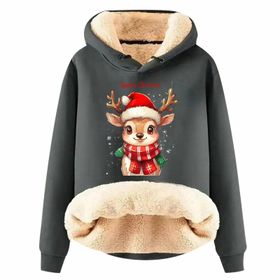 Generisch Zarif H Noel Kapüşonlu Tarzı Boş Zaman Polar Model Noel Baskılı Kış Uzun Kollu Gündelik Gri Kadın Sweatshirt
