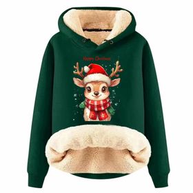 Generisch Zarif H Noel Kapüşonlu Tarzı Boş Zaman Polar Model Noel Baskılı Kış Uzun Kollu Gündelik Koyu Yeşil Kadın Sweatshirt