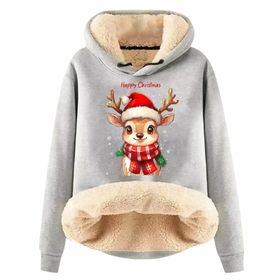 Generisch Zarif H Noel Kapüşonlu Tarzı Boş Zaman Polar Model Noel Baskılı Kış Uzun Kollu Gündelik Light Gri Kadın Sweatshirt