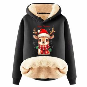 Generisch Zarif H Noel Kapüşonlu Tarzı Boş Zaman Polar Model Noel Baskılı Kış Uzun Kollu Gündelik Siyah Kadın Sweatshirt